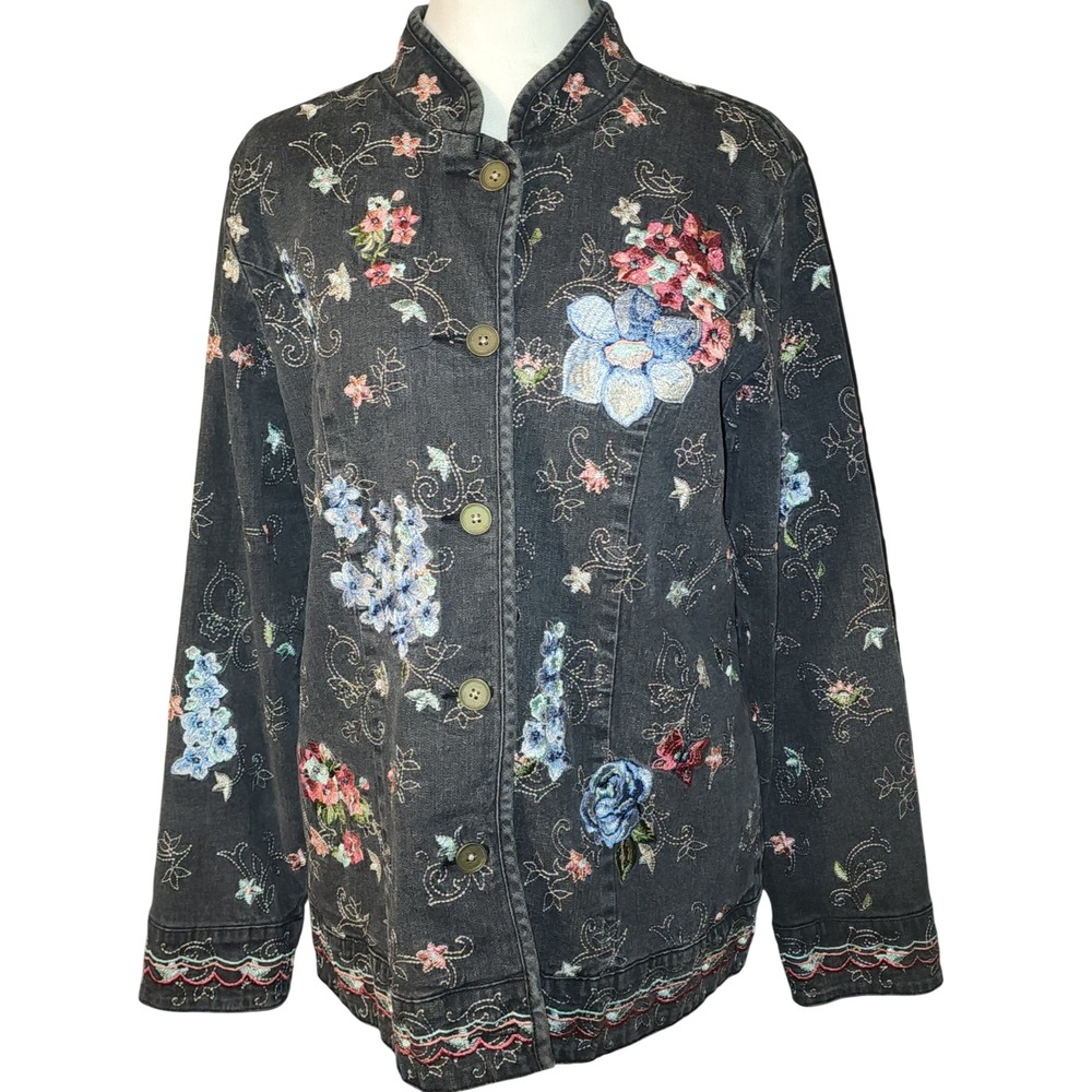 Denim & Co Size Medium Black Floral Embroidered Mandarin Collar Denim Jacket